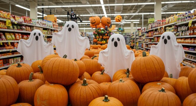 Halloween ghosts and pumpkins in a store. Seasonal decoration for fall and holiday shopping. Market display for autumn celebration.