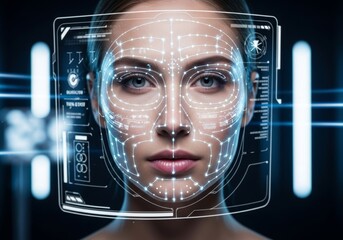 Futuristic facial holographic recognition and biometric analysis of womans face. Concept of artificial intelligence (AI), security, surveillance, digital identity, and future of biometric technology. 