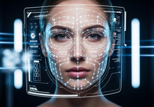 Futuristic facial holographic recognition and biometric analysis of womans face. Concept of artificial intelligence (AI), security, surveillance, digital identity, and future of biometric technology. 