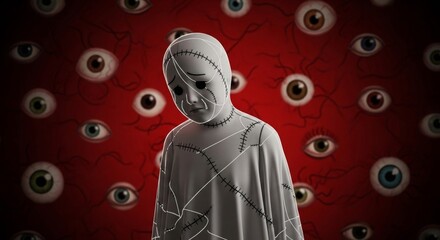 Creepy sewn human doll looking down. Concept of anxiety, fear, stress. Horror Halloween character watching from many eyes.