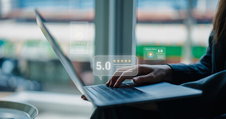 A person using a laptop near a window, with rating icons displaying high customer satisfaction and feedback.
