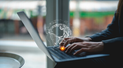 A person types on a laptop with a digital globe graphic, symbolizing global connectivity and technology.
