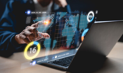 A person interacts with a digital interface displaying data visualizations and global maps, indicating a focus on technology and analytics.