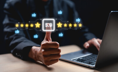 A hand giving a thumbs-up is shown, with digital ratings and likes displayed, symbolizing positive feedback in a professional context.