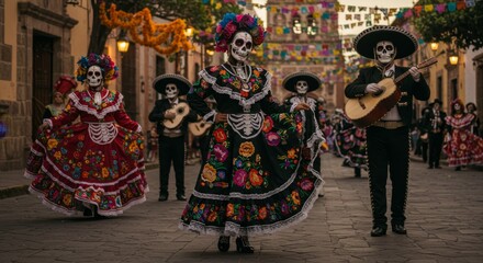 People with dia de los muertos masks. Men playing guitar and women dancing, traditional mexican street festival. Day of the Dead celebration.
