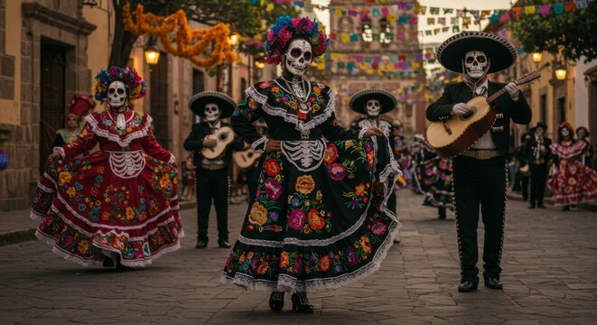 People with dia de los muertos masks. Men playing guitar and women dancing, traditional mexican street festival. Day of the Dead celebration. - Powered by Adobe