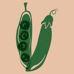 Green peas. Pea pods risograph style, organic farm vegetables, vegan vegetarian healthy food product, fresh pod and seeds, natural ingredient. Vector flat illustration