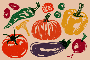 Vegetables risograph set. Organic natural food with rough texture, abstract colorful beans tomato eggplant beetroot peas and pepper. Vector healthy vegan food collection