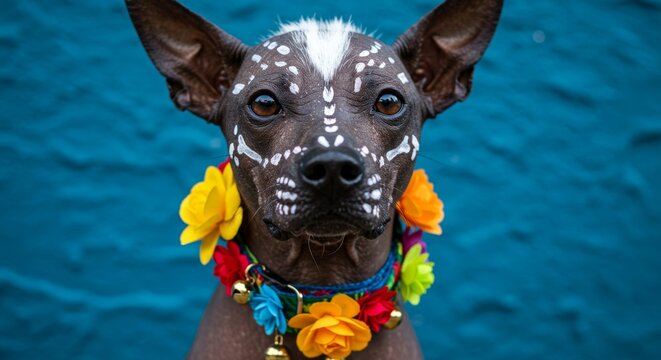 An adorable xoloitzcuintli dog dressed with colorful flowers and face paint for Day of the Dead celebration