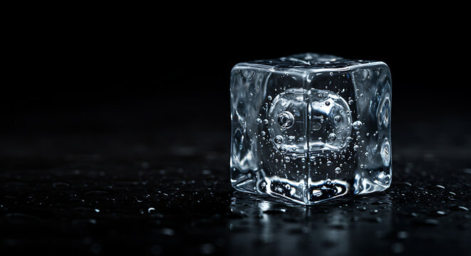 Transparent Ice Cube with Bubbles and Reflections.