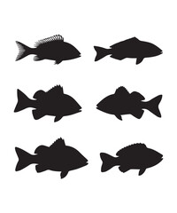 Silhouettes of Various Fish Species in Black