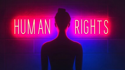 Fototapeta premium A silhouetted figure stands against a neon sign that reads 