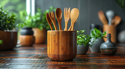 kitchen utensils on wooden table