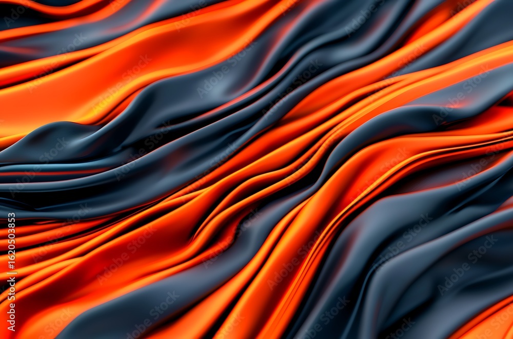 Poster a vibrant, abstract texture featuring flowing waves of orange and black fabric, creating a dynamic v