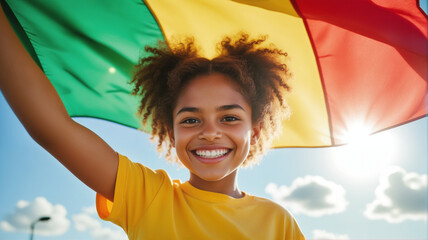 Joyful Young Girl Waving Flag – Colorful Patriotic Celebration with Smiling Child for Independence Day Events, Cultural Festivals, and National Pride Imagery
