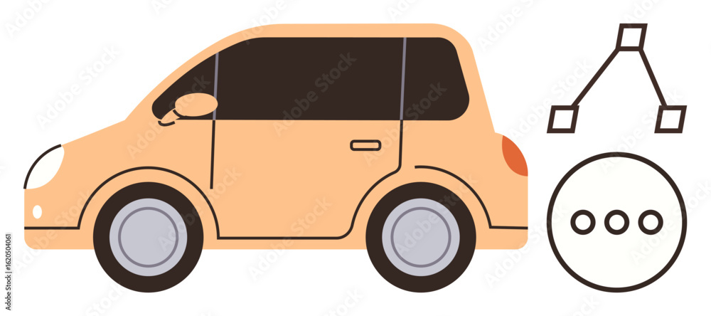 Poster side view of a small car with automation options symbolized by diagrams and dots. ideal for car desi