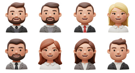 Set of diverse 3D rendered cartoon business people busts smiling featuring various hairstyles beards and professional attire.
