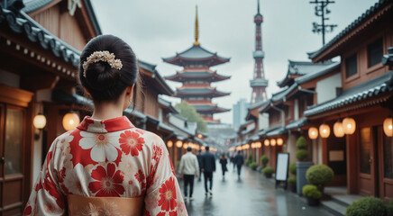 Fototapeta premium Traditional Asian Street Scene – Woman in Floral Kimono Admiring Historic Pagoda Tower for Cultural Tourism, Travel Photography, and Eastern Architectural Inspiration