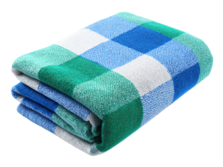 Folded checkered blanket blue green white plaid textile, Isolated, Png Transparent Background