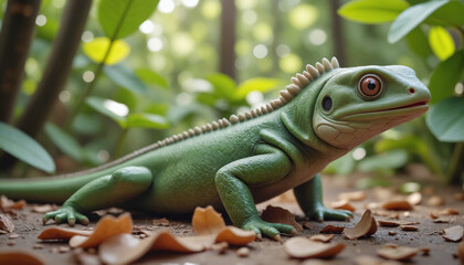 Obraz premium Green Iguana Resting In Tropical Jungle – Vibrant Reptile Among Forest Foliage for Wildlife Photography, Conservation Awareness, and Biodiversity Education