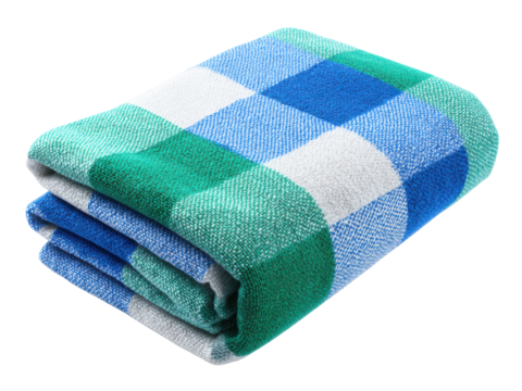 Folded checkered blanket blue green white plaid textile, Isolated, Png Transparent Background
