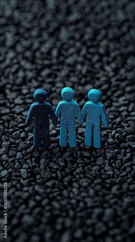 Poster three stylized figures stand hand-in-hand on a textured dark surface, symbolizing unity and connecti