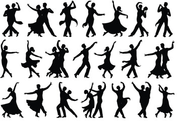 PrintBallroom dance silhouettes, elegant couple dancing poses, romantic dance art, graceful movement vector, waltz tango salsa illustration set