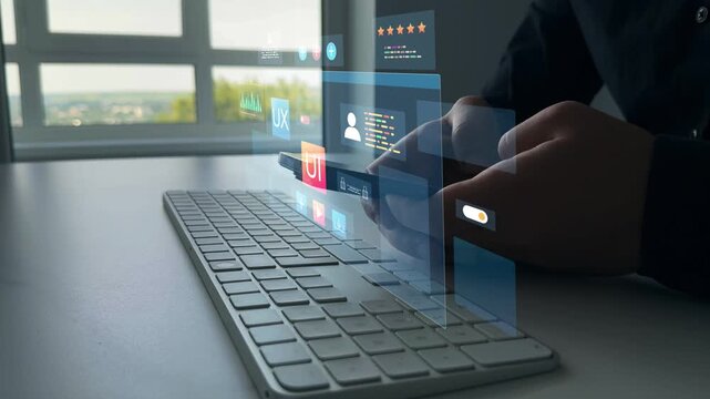 Modern UI/UX design concept with digital interface elements, coding, dashboard, and developer workspace, ideal for tech, app, and web development themes. - Powered by Adobe