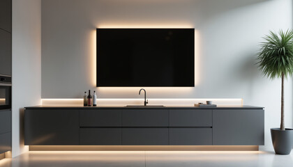 Modern Digital Frame Mockup - Sleek Black Screen on Grey Cabinet with Ambient Lighting for Interior Design, Home Decor, and Technology Display Solutions