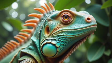 Fototapeta premium Vibrant Green Iguana Portrait - Colorful Tropical Reptile with Orange Spikes and Detailed Scales for Wildlife Photography, Exotic Pet Care, and Nature Education