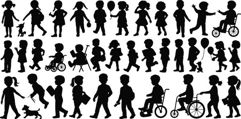 Silhouettes of children playing, walking, running, reading, with pets, balloons, and wheelchairs, diverse kids activities in black and white illustration