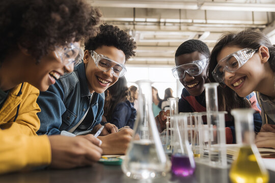Group of Hispanic and Black high school students working on science project together at lab table, smiling, teamwork and collaboration, STEM education, contemporary classroom 