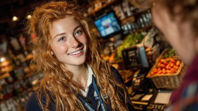Smiling young woman, likely a shop worker, interacting with customer.  Fresh produce and technology visible in background - Powered by Adobe