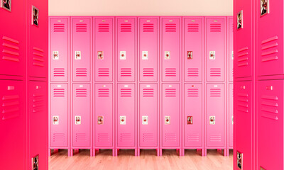 Pink lockers in school hallway 3D