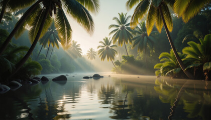 Obraz premium Tranquil Jungle River At Dawn – Misty Tropical Landscape With Palm Trees And Golden Sunlight For Meditation Apps, Wellness Retreats, And Nature Photography