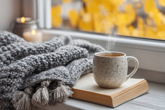 Cozy autumn scene with steaming cup of tea, book, blanket, and window view of fall foliage creating a warm and inviting atmosphere for relaxation at home.