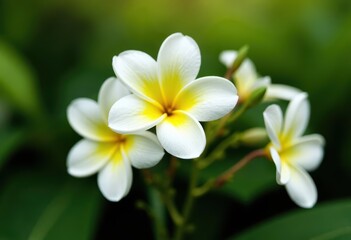 Close-up of white plumeria flowers with green leaves