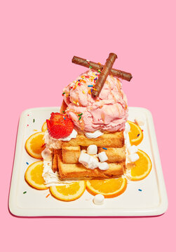 Korean-Food-French-Toast-with-Ice-Cream-and-toppings-on-white-plate-pink-silohouette-background_1