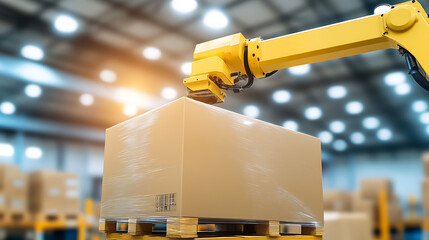 Automated warehouse with robotic arm lifting a cardboard box. Efficiency and innovation in logistics. Palletized goods ready for shipment.