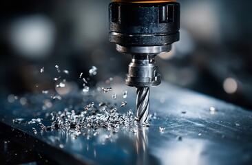 Close-Up of Industrial Drill in Action with Liquid Stream and Metal Shrapnel on Reflective Aluminum Surface