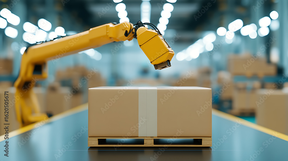 Poster automated warehouse operation with robot arm handling a cardboard box, showcasing efficiency and mod