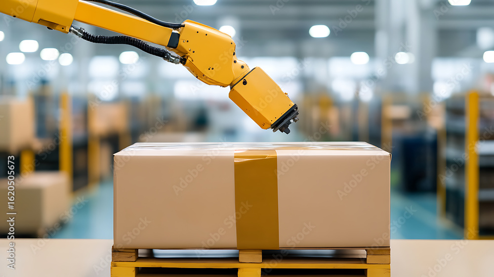Poster automated warehouse featuring a robotic arm handling a cardboard box on a pallet, showcasing efficie