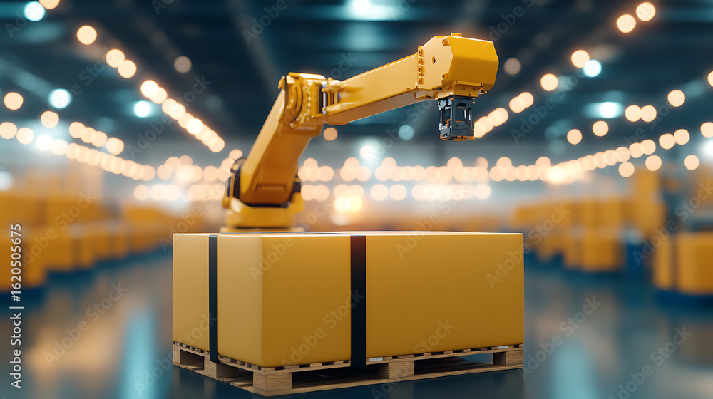 Poster automated warehouse operation featuring a robotic arm lifting a package. focus on efficiency and tec