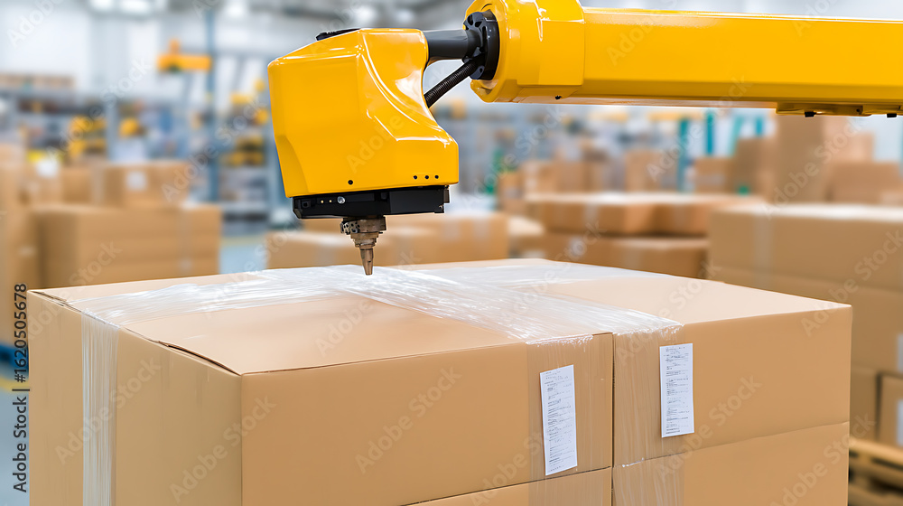 Poster automated warehouse task: robotic arm precisely labels cardboard box in warehouse. efficient and acc