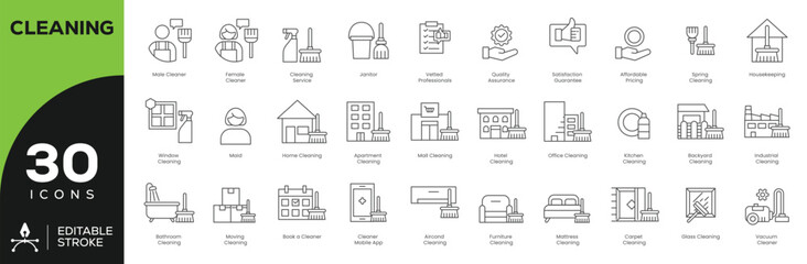 30 Cleaning Icons Set &ndash; Editable Stroke, Home, Office, Hotel, and Industrial Cleaning Symbols for Apps, Branding, and Sanitation Services