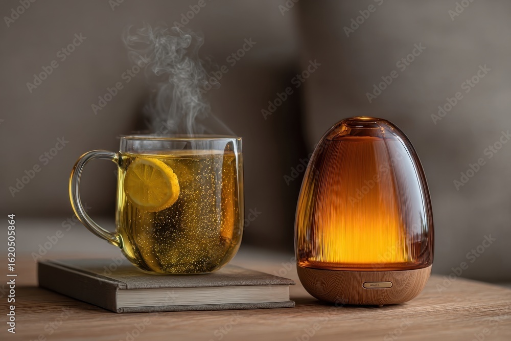 Poster a warm and inviting setup with a steaming cup of tea and aromatherapy diffuser, creating a cozy atmo