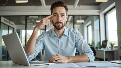 Obraz premium Professional Man Working on Laptop - Confident Businessman in Modern Office Environment for Corporate Presentations, Remote Work Illustrations, and Business Success Concepts