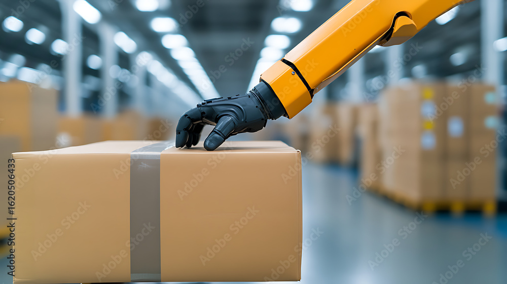 Poster robotic arm places package. automation technology ensures efficiency in shipping & logistics. a mode