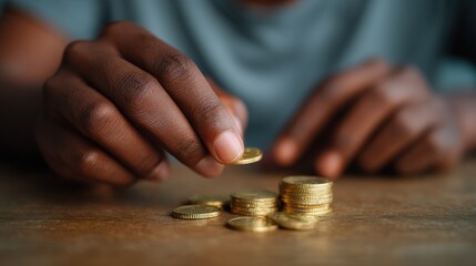 Saving and Investing: A person meticulously stacks gold coins, symbolizing the principles of prudent financial planning, creating a visual representation of wealth accumulation.