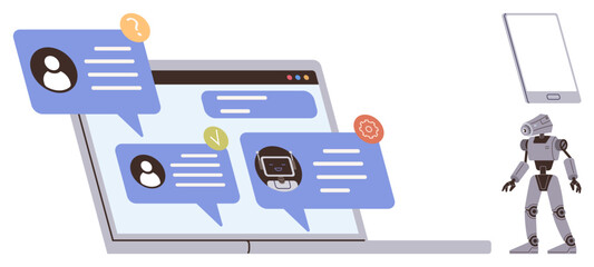 Laptop displaying chat bubbles representing virtual human-robot communication. Robot and phone highlight modern tech tools. Ideal for automation, support, tech, communication, AI, future, innovation